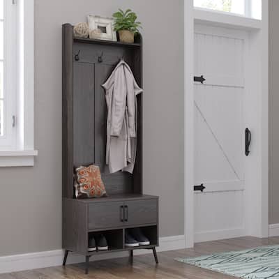 RiverRidge Woodbury Hall Tree with Entryway Bench, Shoe Storage, Coat Hooks & Cubby Storage - Weathered Woodgrain