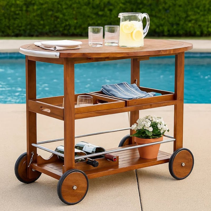 Rolling Bar Cart, 36 Inch Rectangular, 3 Tier, Oak Brown Wood, Silver