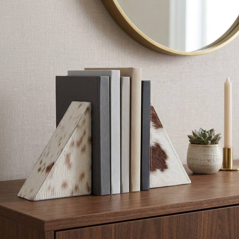 Decorative Leather Cow Print Bookends - Set of 2, 7", Ivory & White - 7.0"