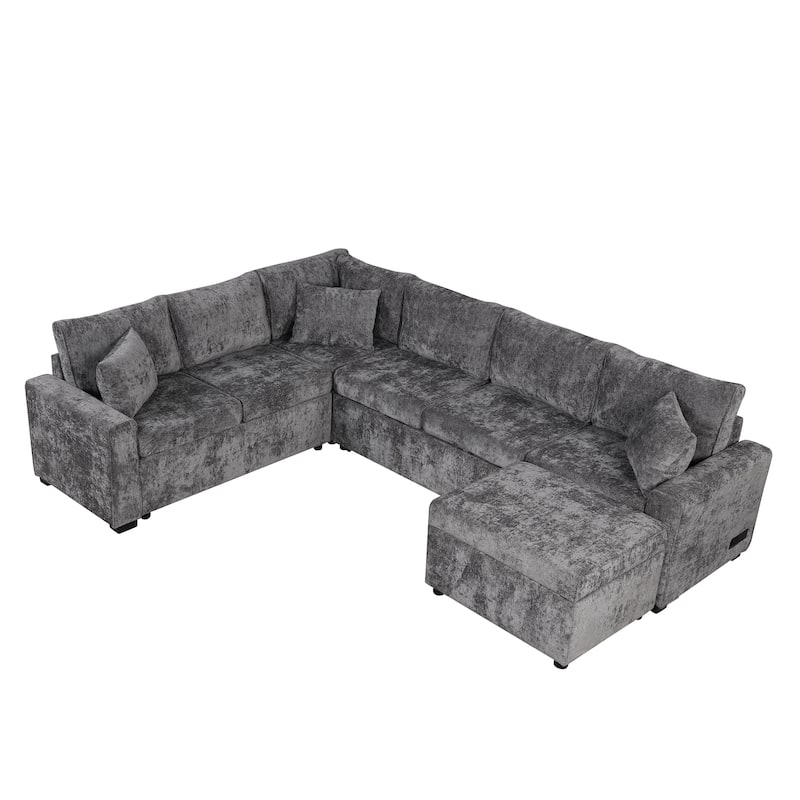 112.2" Sectional Sofa, Pull-out Sofa Bed Sleeper with Storage Ottoman,3 Pillows