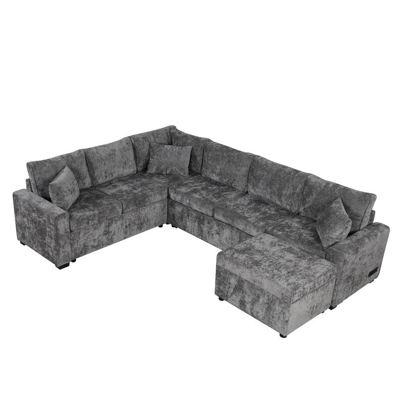 112.2" Sectional Sofa Bed with Storage Ottoman, Pillows & Charging, Grey Chenille