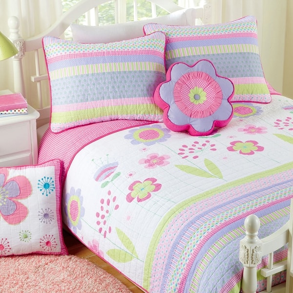 slide 2 of 8, Cozy Line Pink Blossom Cotton Reversible Quilt Bedding Set