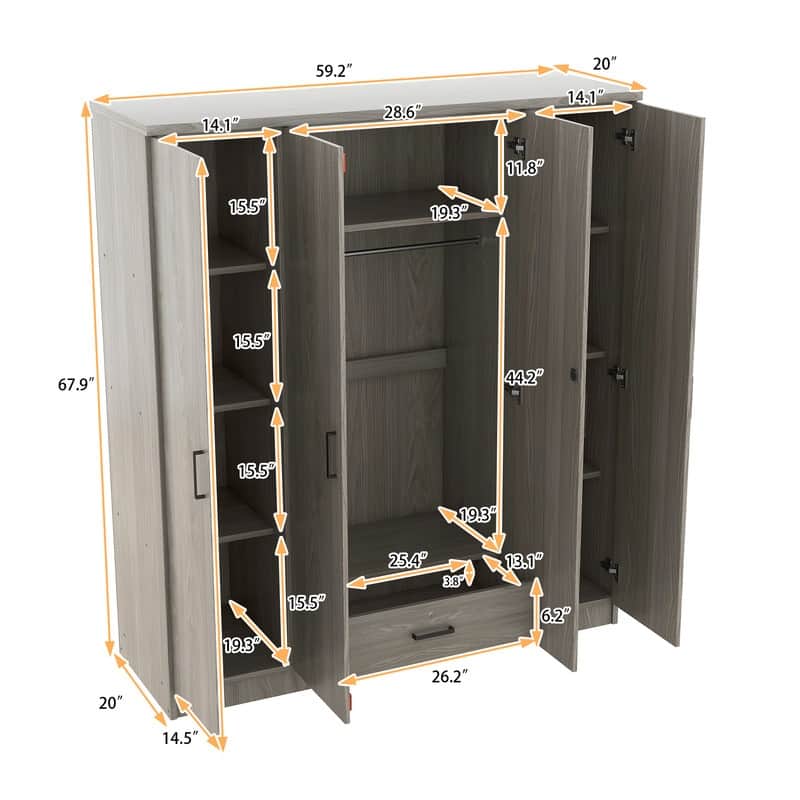 Modern Wardrobe with 4-Door and 1 Drawer, High Cabinet Closet, Tall Bedroom Armoires with Shelves and Hanging Rods for Bedroom