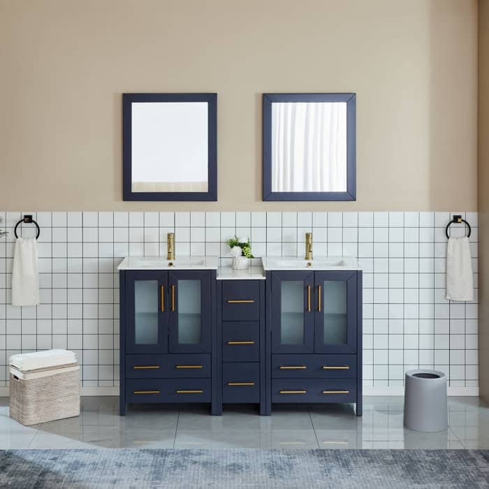 Vanity Art 60 in. Double Sink Bathroom Vanity with Top and Mirrors - 60 X 18.1 X 35.8 - Blue