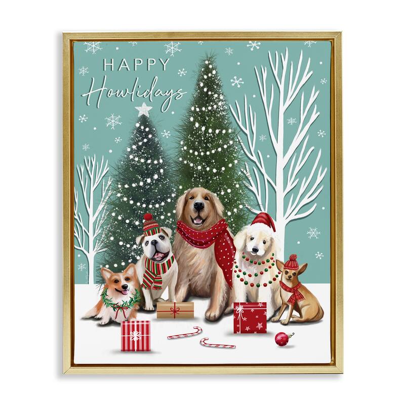 Stupell Festive Winter Dogs Scene Framed Floater Canvas Wall Art Design By Elizabeth Tyndall - 25 x 31 - Gold