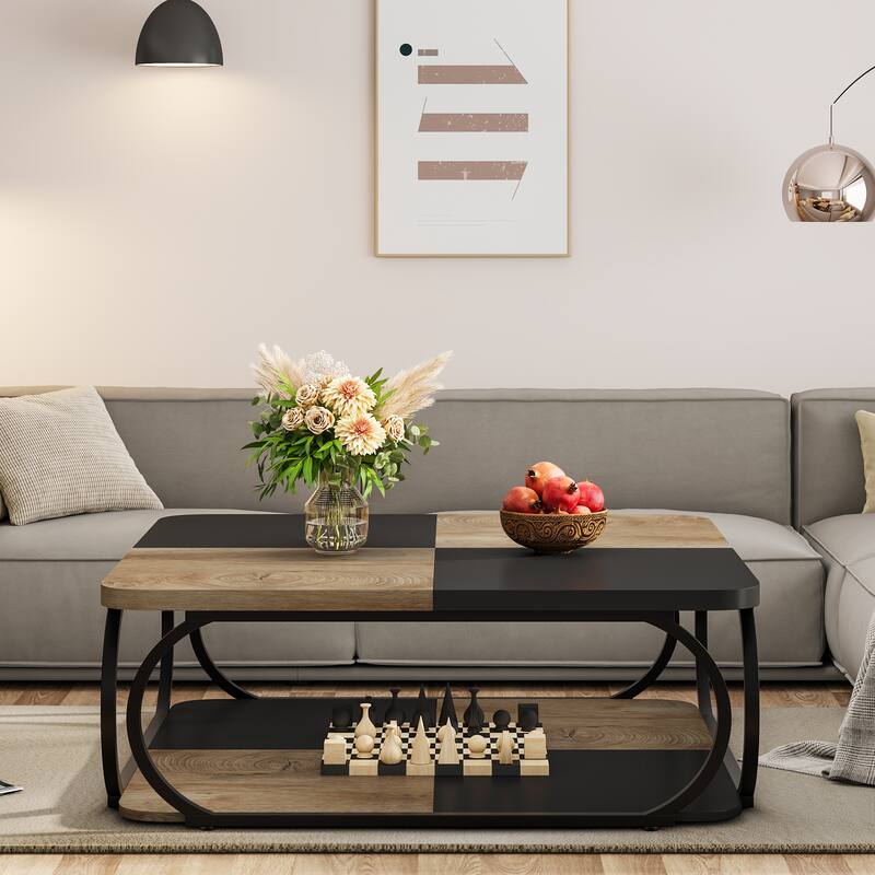 39'' 2-Tier Square Coffee Table with Metal Frame for Living Room