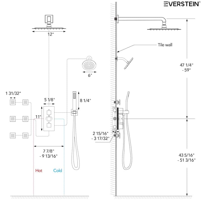 4-Functions Thermostatic Shower System, Wall Mount Shower Faucet Set 12" & 6" Dual Shower Head with 6 Body Jets