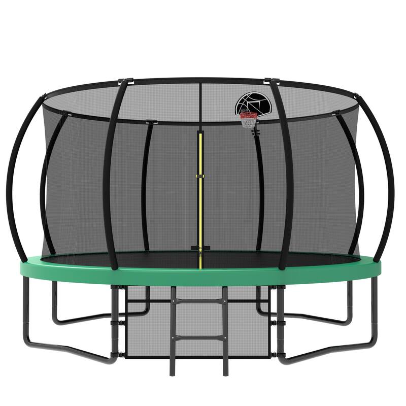 12FT Recreational Kids Trampoline with Safety Enclosure Net Ladder, Outdoor Recreational Trampolines - Green