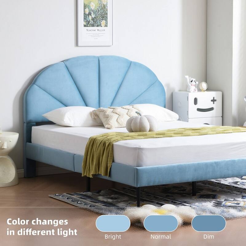 Upholstered Bed with Unique Seashell Headboard - White - Full