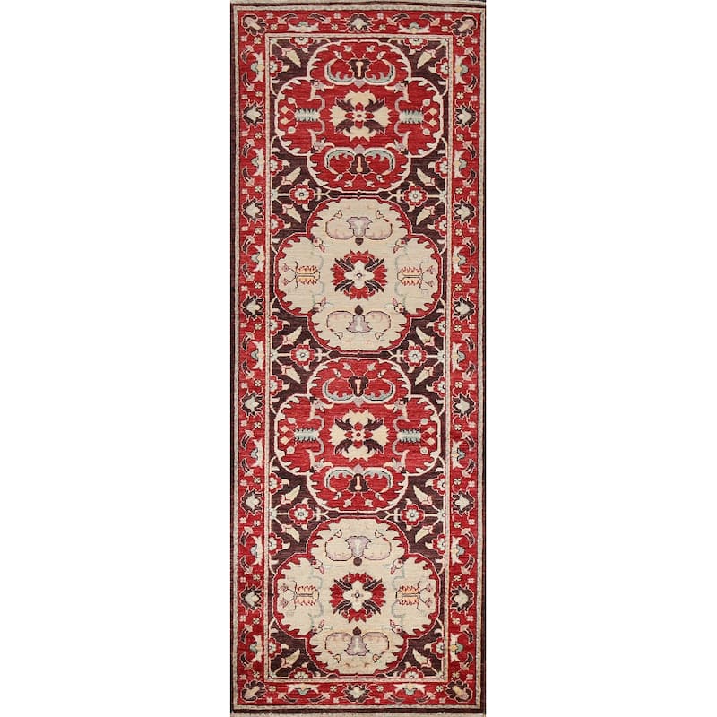 Hand Knotted Oriental 100% Wool Carpet Traditional Floral Brown Kazak Runner Rug - 8' 0'' X 2' 7''