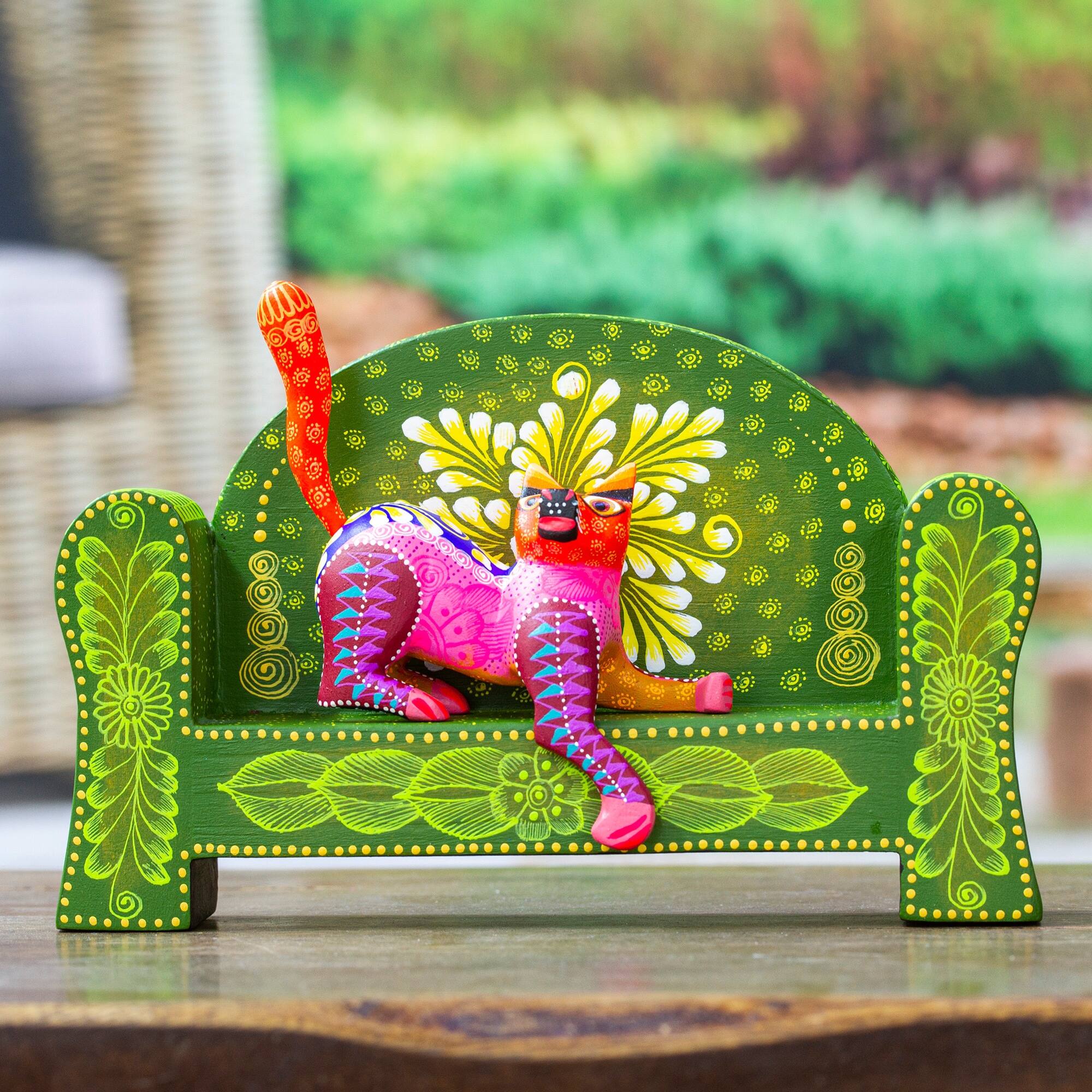 Novica Handmade Carnation Cat On A Bench Wood Alebrije Sculpture (2