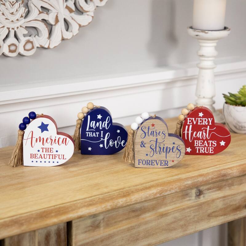 Patriotic Hearts Wooden Tabletop Signs - 3.75" - Set of 4