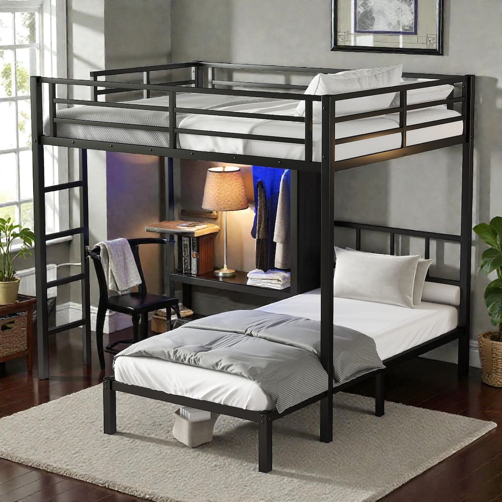 Full XL Over Twin Metal Bunk Bed with Folding Desk and Closet, LED Storage, Space Saving Design