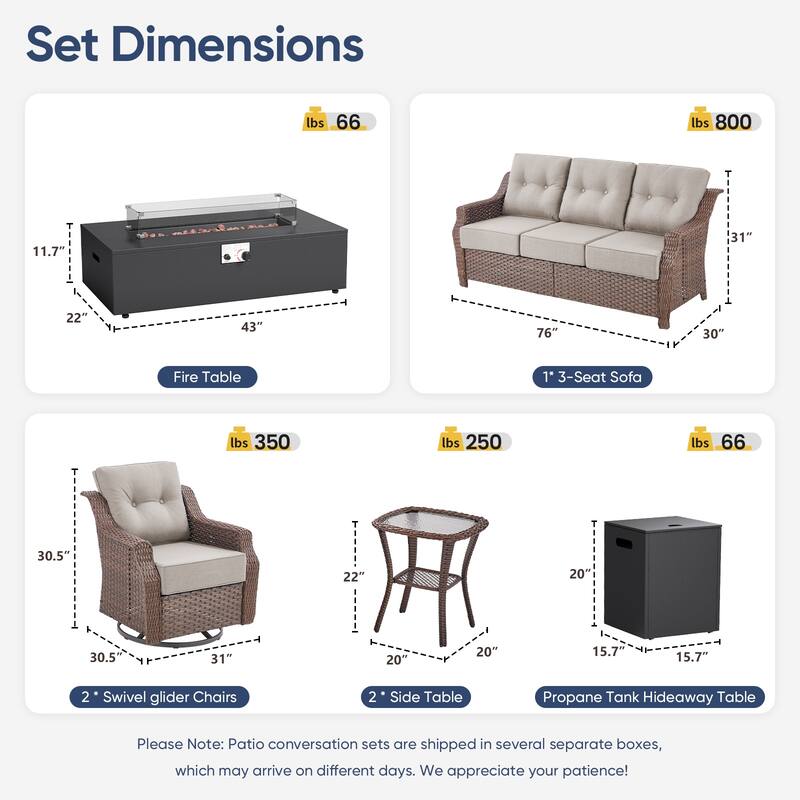 Pocassy Ptio 5 Piece Sofa Swivel Chair with Fire Pit Table