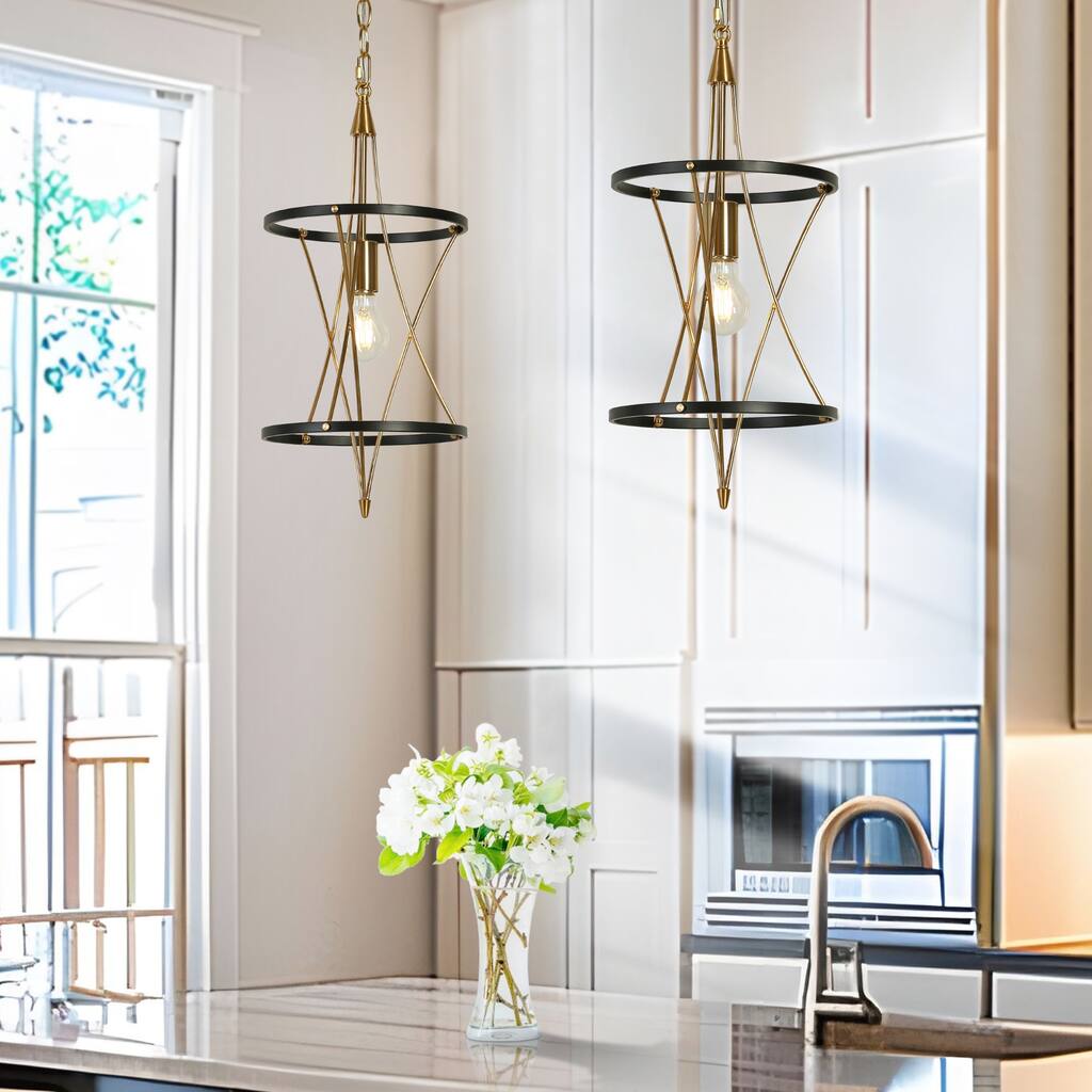 Modern 1-Light Black Gold Pendant Drum Kitchen Island Lights for Dining Room - D 9.6" x H 81.5" Max