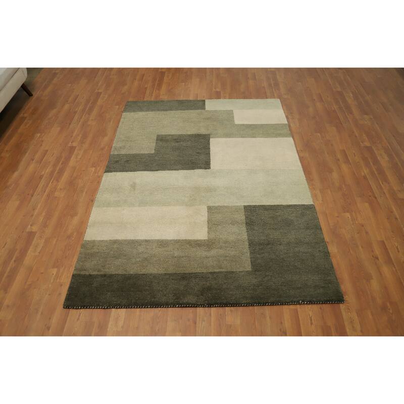 Hand Knotted Oriental 100% Wool Carpet Modern Geometric Green Gabbeh Area Rug - 7' 8'' X 5' 5''
