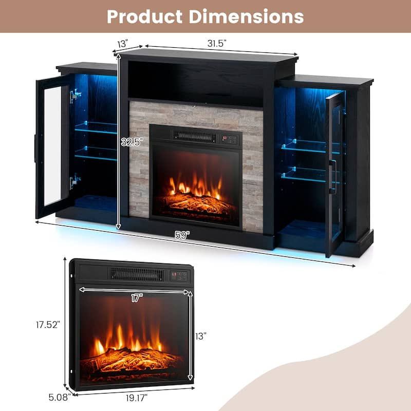 Electric Fireplace TV Stand with 16-Color LED Lights and Adjustable Glass Shelves for Living Room - 59" x 10" x 32.5"