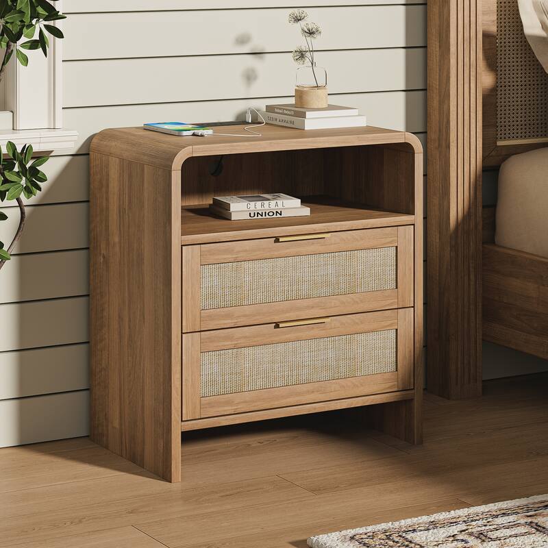 22.8" Rattan Nightstand with Charging Station, 2 Drawers & Open Shelf, Curved Modern Bedside Table - Brown
