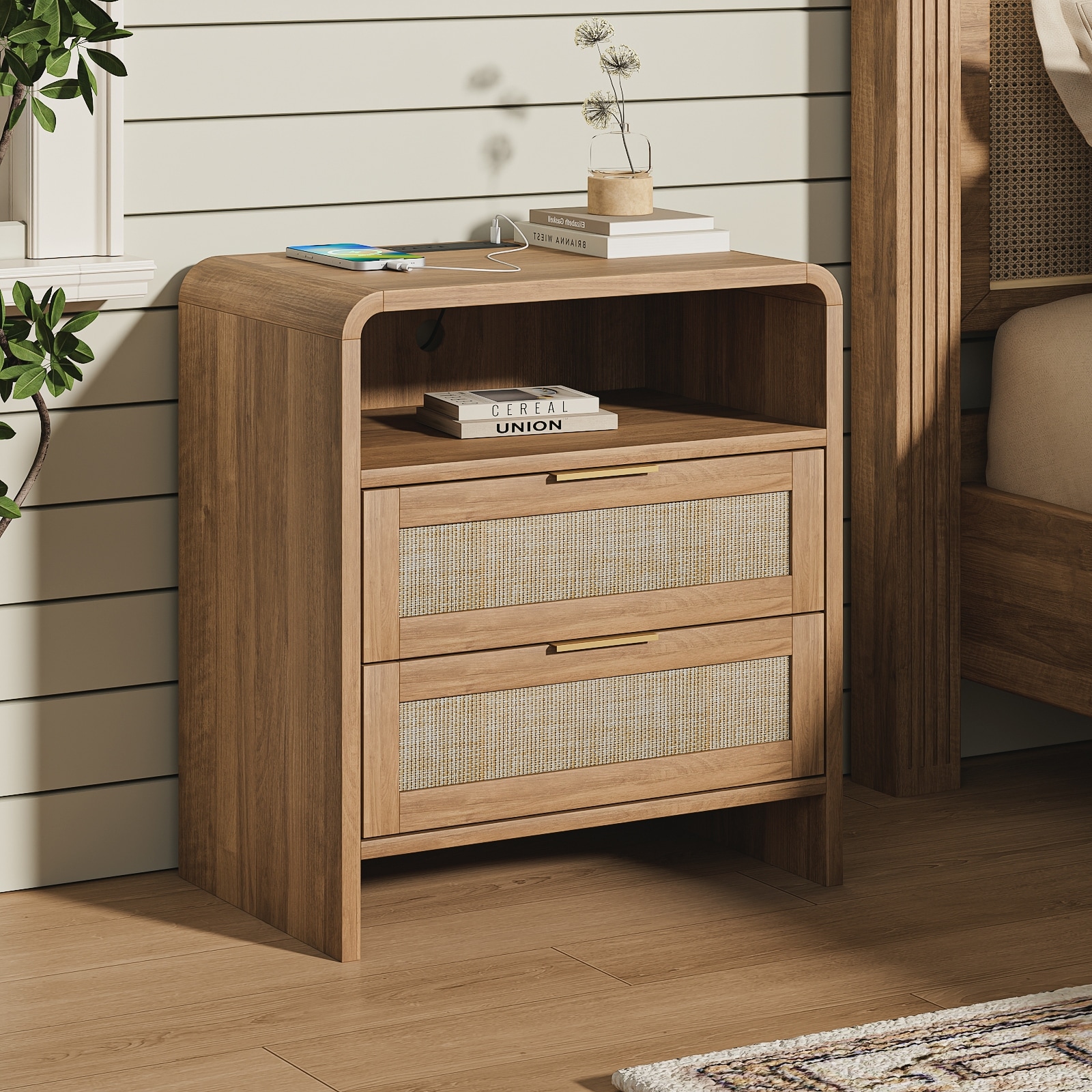 Rattan Nightstand with Charging Station, 2 Drawers & Open Shelf, 22.8"W Curved Wooden Bedside Table, Modern Storage for Bedroom