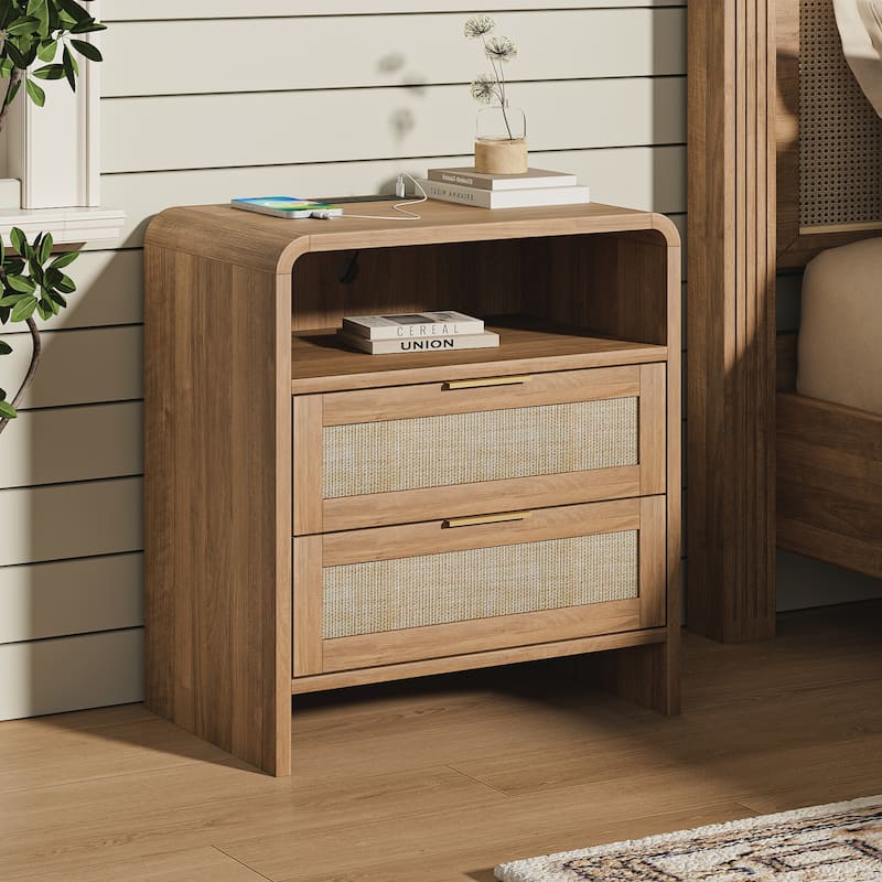 Rattan Nightstand with Charging Station Set of 2, 2 Drawers & Open Shelf, 22.8"Wide Curved Wooden Bedside Table