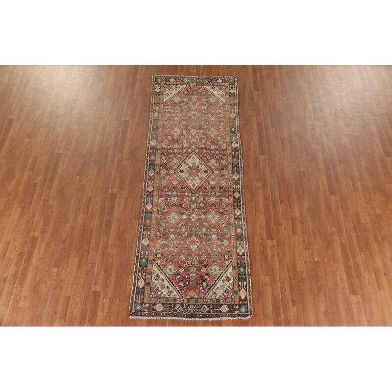 Hamedan Persian Vintage Runner Rug Handmade Geometric Wool Carpet - 3'5"x 9'9"