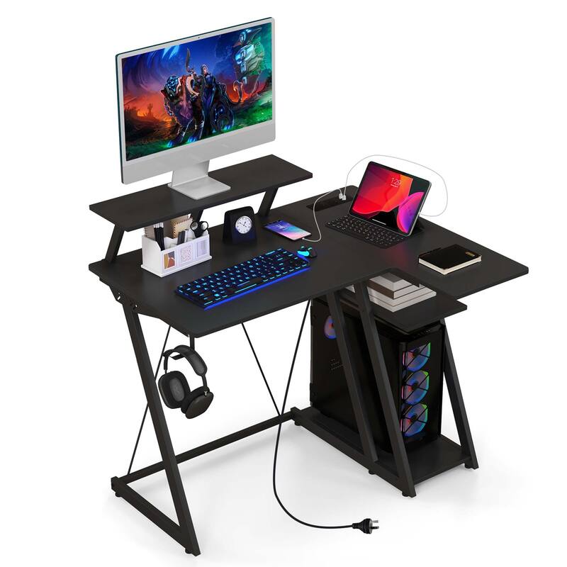 Costway L Shaped Gaming Desk with Outlets & USB Ports Monitor Shelf