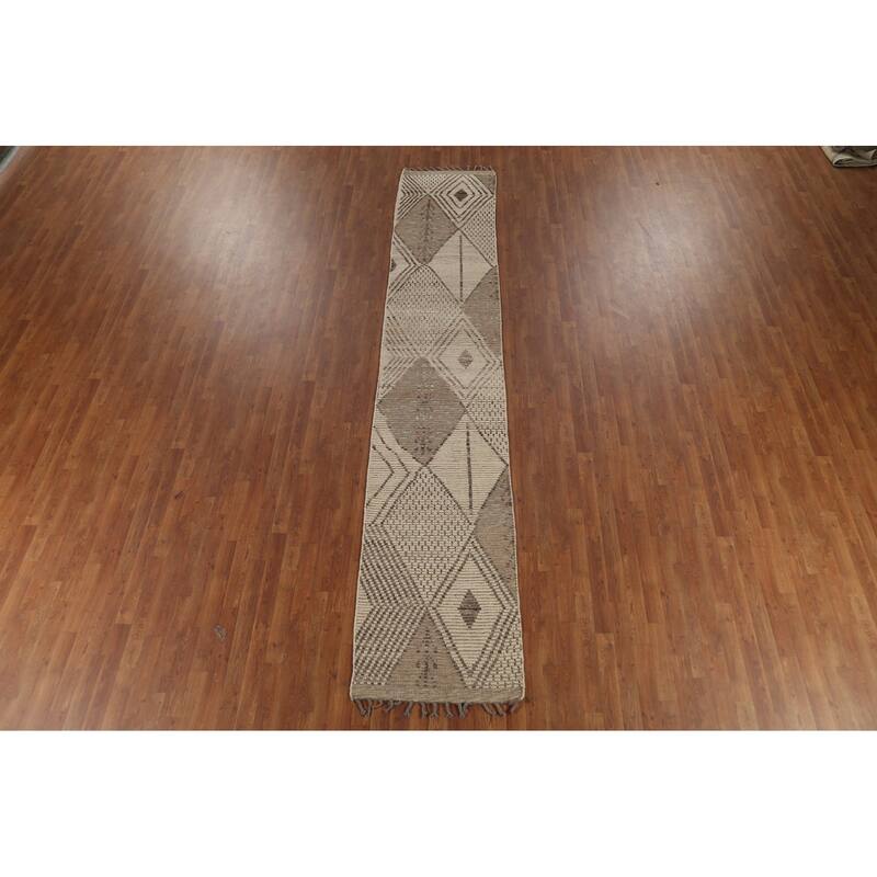 Geometric Moroccan Oriental Runner Rug Handmade Wool Carpet - 2'5"x 13'1"