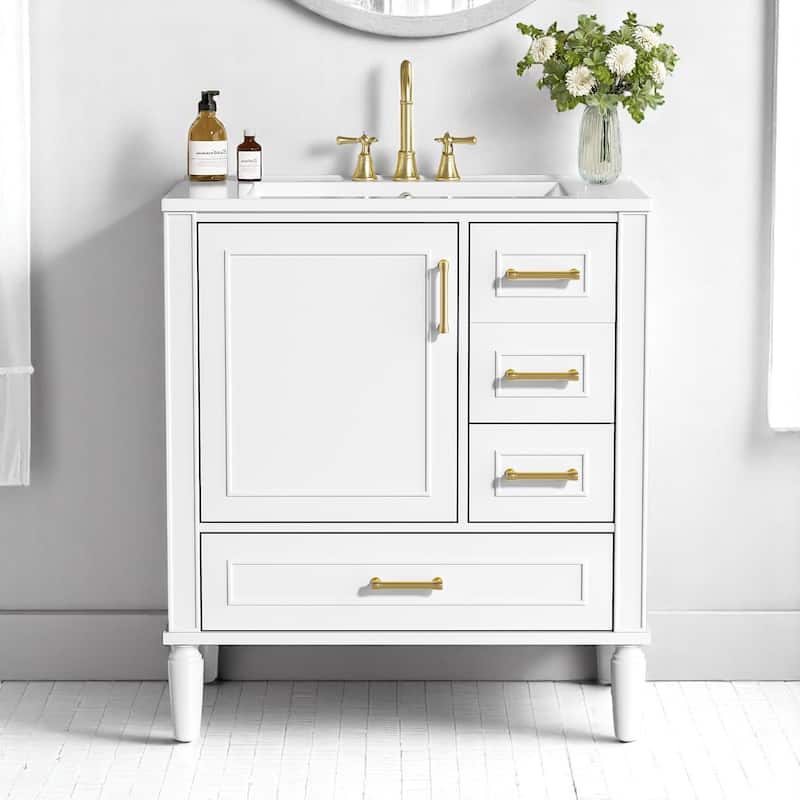 30" Bathroom Vanity with Sink, Freestanding Storage Cabinet with 3 Drawers, Soft-Close Door, Ceramic Basin,Bathroom Cabinet - White