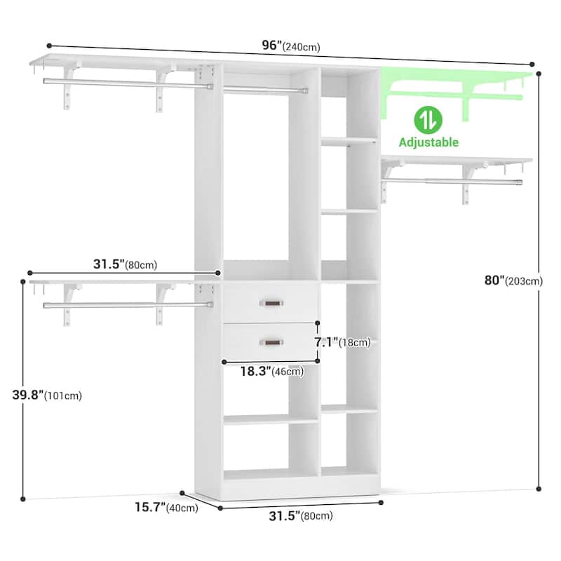 31.5'' to 96'' W Closet Organizer System with Drawers and Tower Shelves for Reach-in and Walk-in Closet