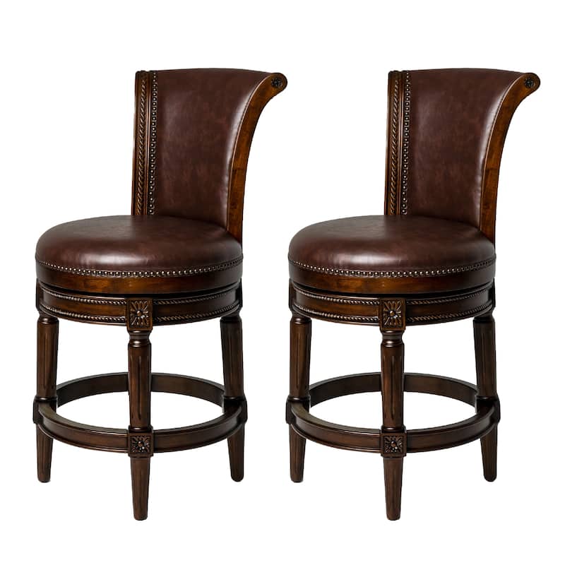 Maven Lane 26" Pullman Swivel Counter Height Kitchen Stool - Set of 2 - Dark Walnut Vegan Leather.