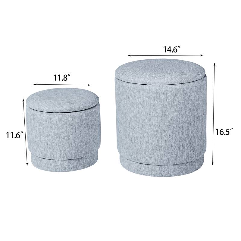 Adeco 2-Piece Round Fabric Storage Ottoman Set with Removable Lids