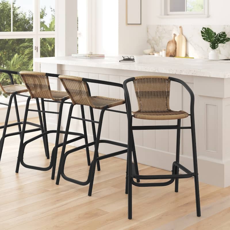 4PK Indoor/Outdoor Rattan Restaurant Barstools - Medium Brown
