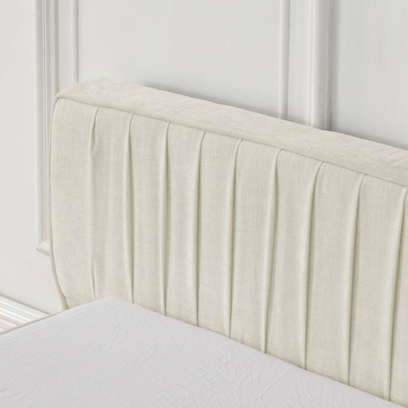 Queen Size Upholstered Bed Frame Chenille Pleated Design Grounded Platform Headboard Grey No Box Spring