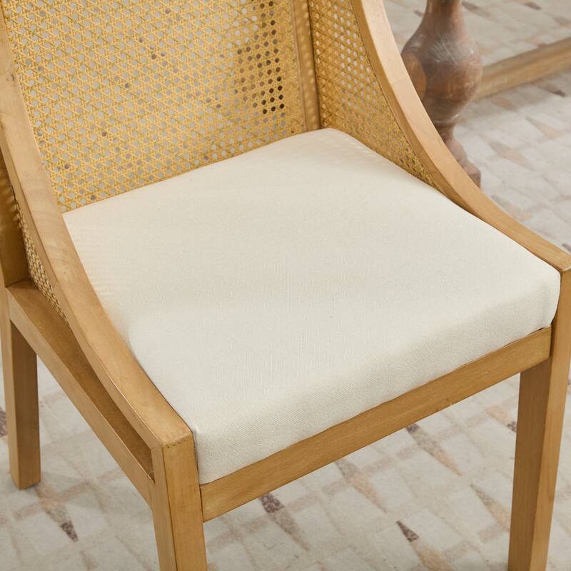 Rattan Dining Chairs, Solid Wood Frame with Decorative Armrests, Linen Upholstered Seat, Wooden Style Side Chairs,Single Pack