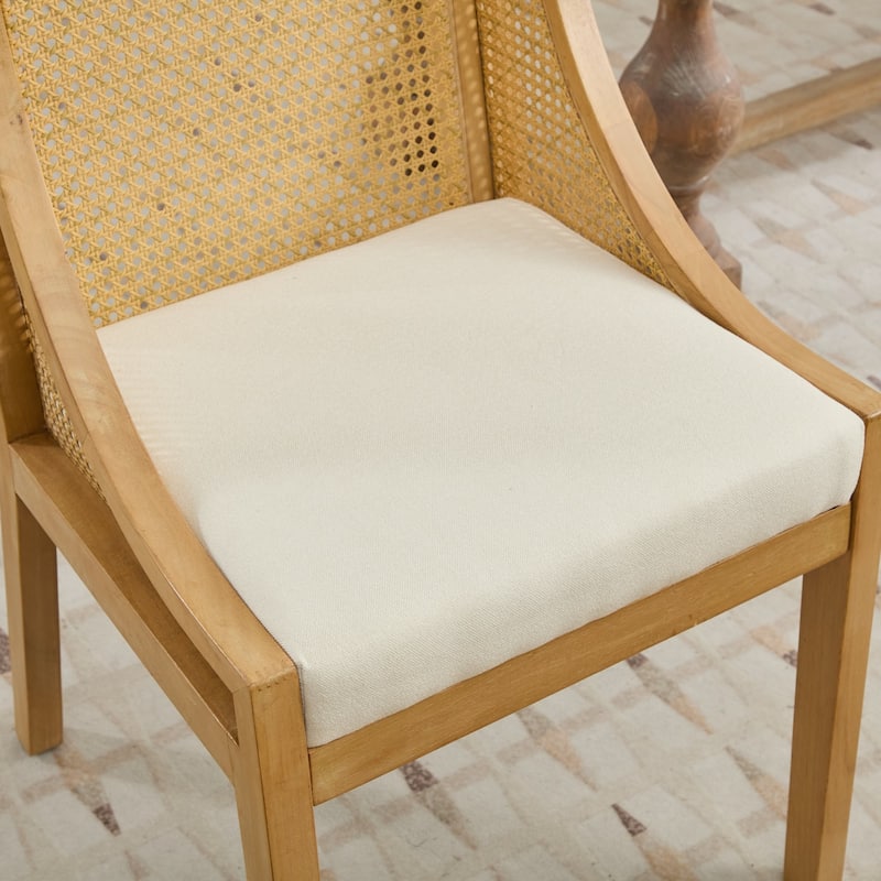 Rattan Dining Chairs Set of 2,Solid Wood Frame with Decorative Armrests,Linen Upholstered Seat,Rustic Wooden Style Side Chairs