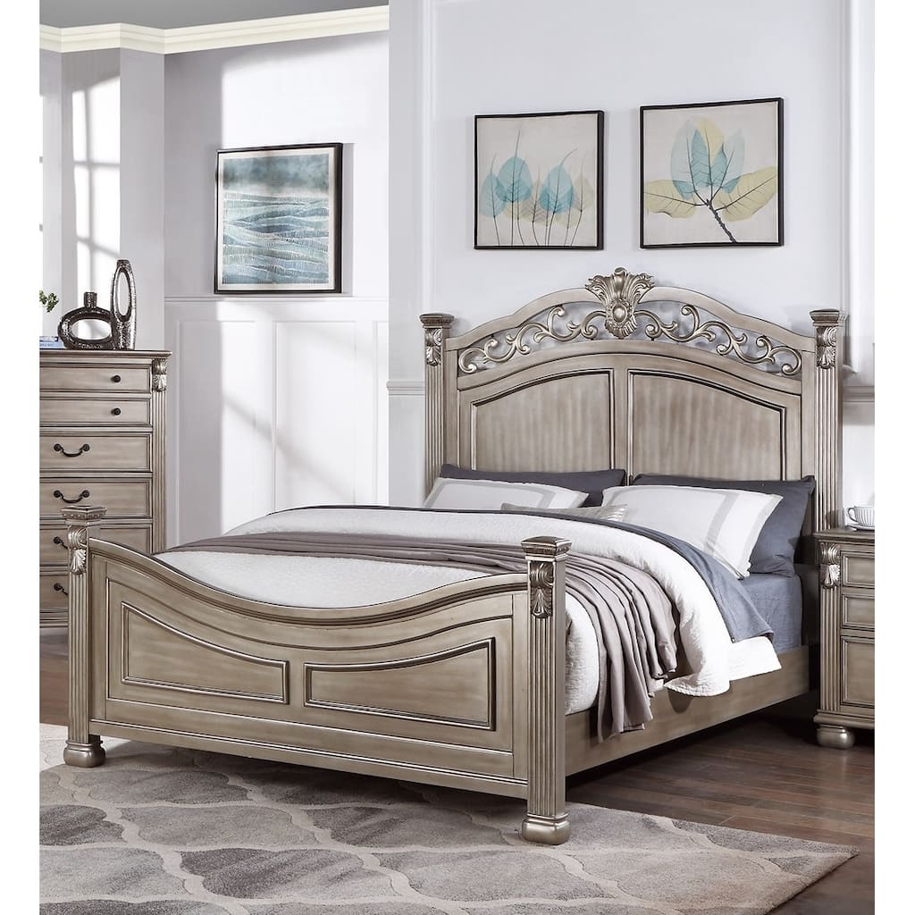 Formal Traditional Antique Silver 1pc California King Size Bed Unique Design Headboard Footboard Bedframe