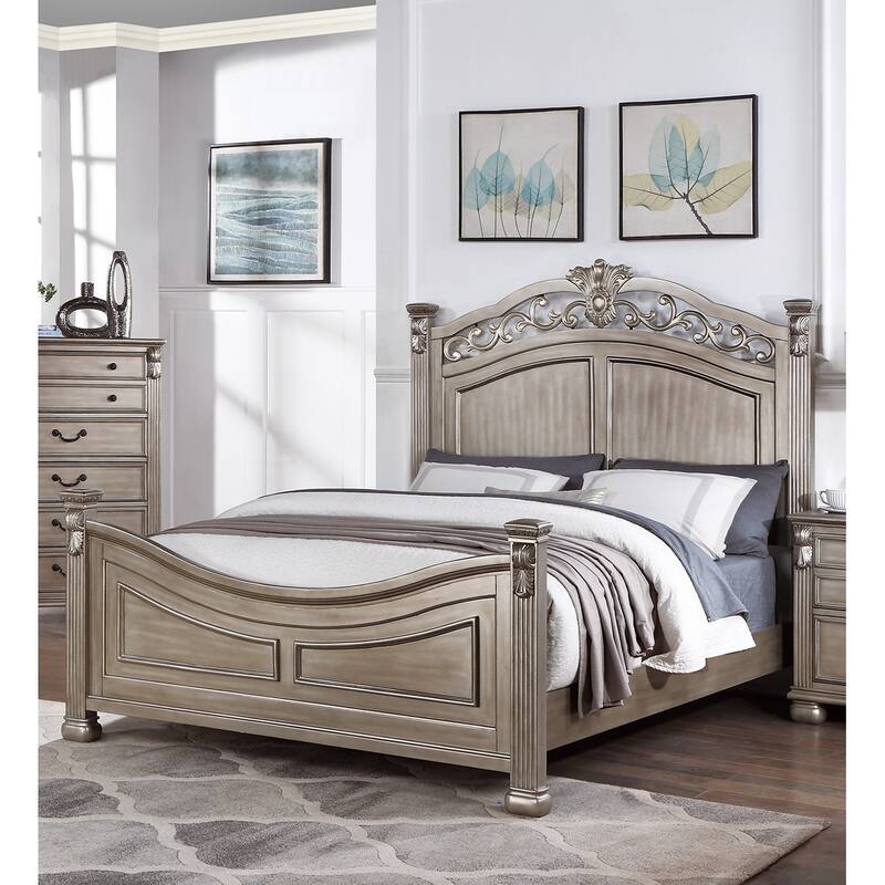 Formal Traditional Antique Silver 1pc Queen Size Bed Unique Design Headboard Footboard Bedframe