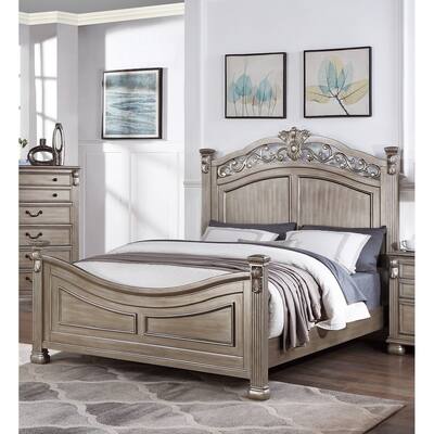 Formal Traditional Antique Silver 1pc Queen Size Bed Unique Design Headboard Footboard Bedframe