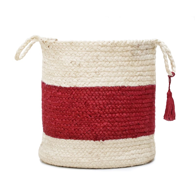 Sevita Bold Striped Off-White Jute Decorative Storage Basket with Handles
