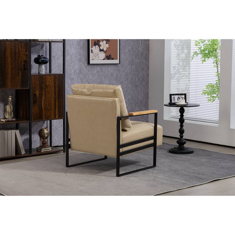 Khaki PU Modern PU Upholstered Accent Chair with Sturdy Metal Frame and Waist Cushion