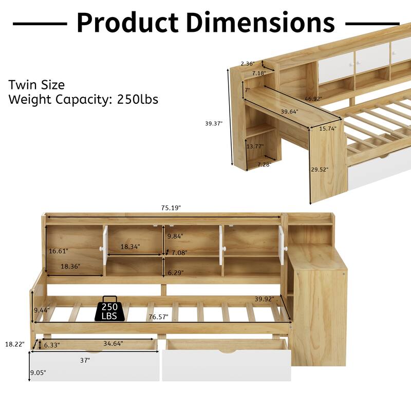 Wooden L Shaped Daybed with Bookcase and 2 Drawers, Multi-functional Corner Platform Sofa Bed Frame with Built In Desk
