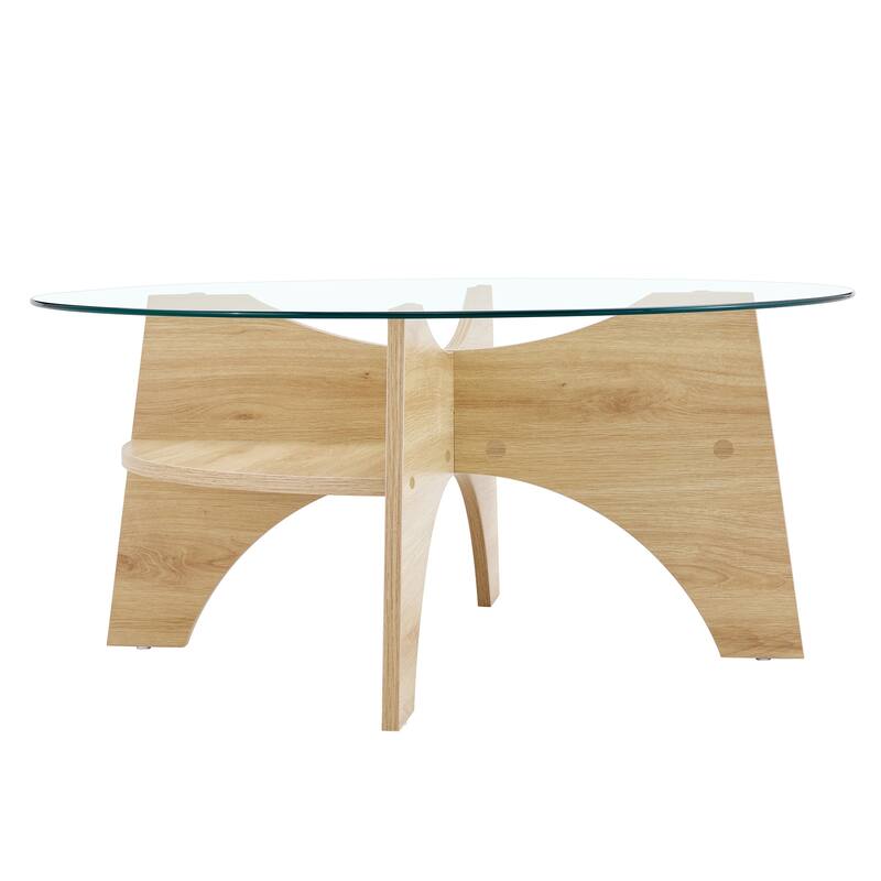 GDFStudio Marcellus Tempered Glass Coffee Table with Wood Legs and Fan-Shaped Pedestal Design