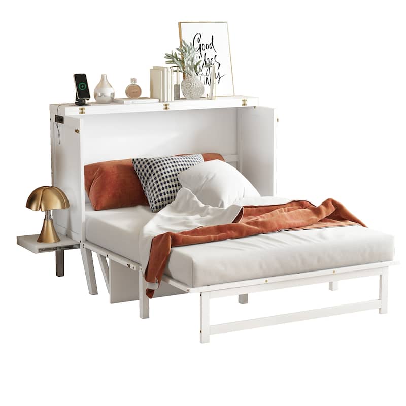 Full Size Murphy Bed with USB Port and Removable Shelves on Each Side, Solid Pine Murphy Cabinet Bed for Home Office