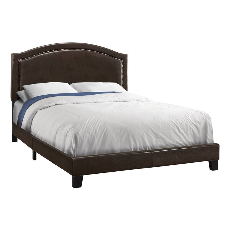 Queen Dark Brown Leather Look Upholstered Bed Frame with Antique Brass Nailhead Trim and Curved Headboard