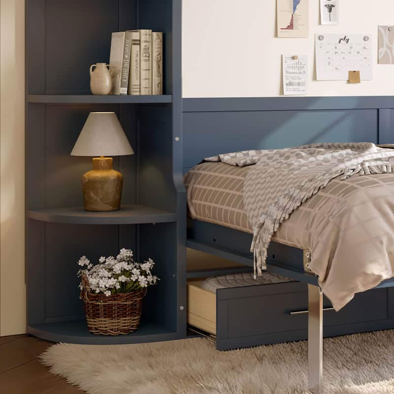 Murphy Platform Bed with Side Cabinets & Drawers, Wall Bed with Shelf for Home Office, Queen or Full