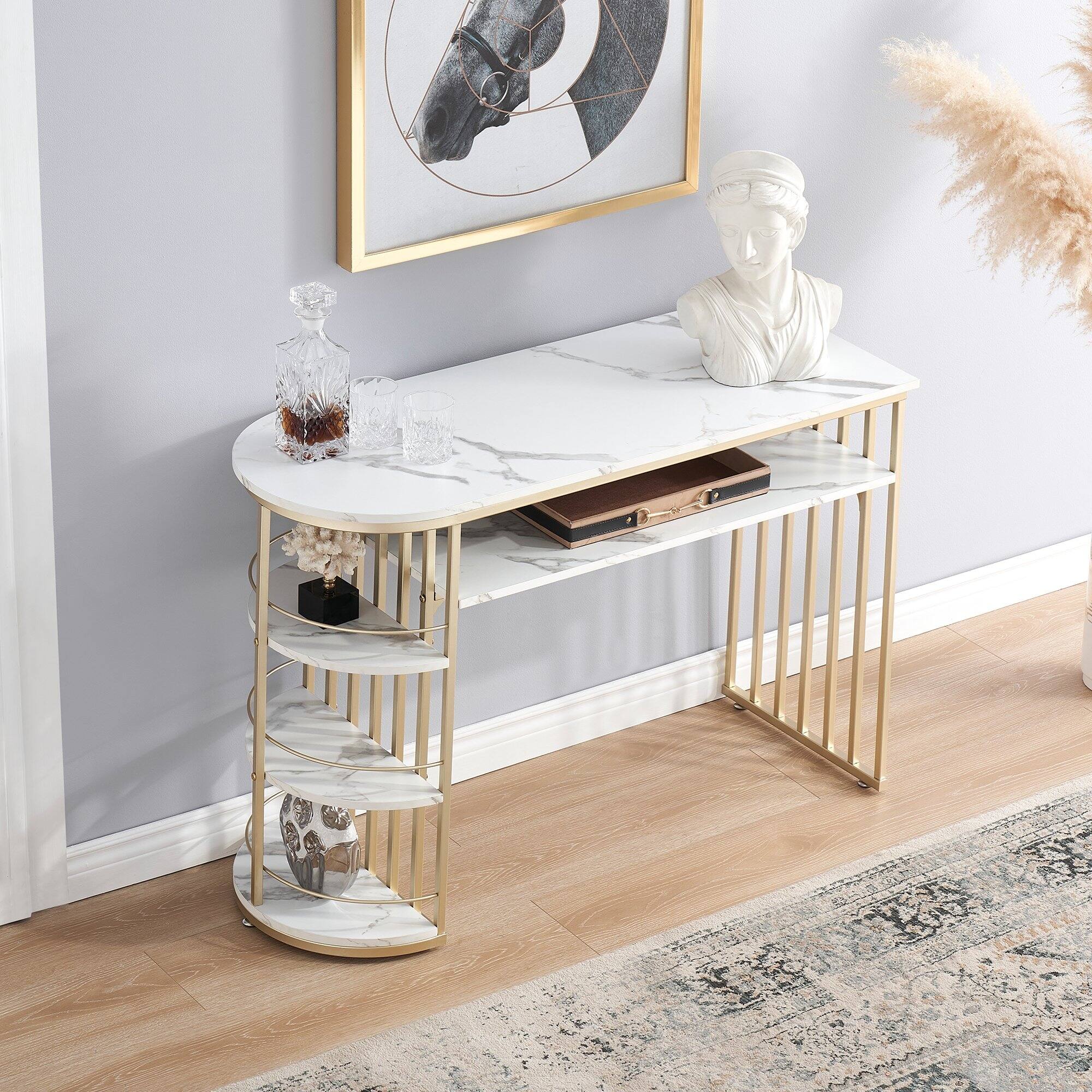 White & Gold Console Table with Storage for Living Room, Marble