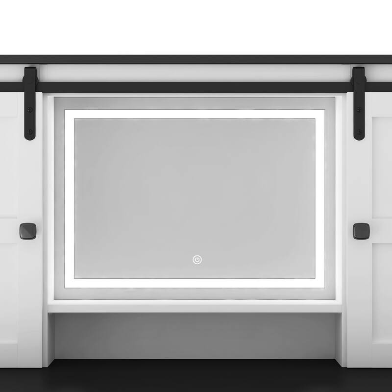 Vanity Desk with Lighted Mirror, Large Dressing Table Set, Makeup Vanity Table with Hair Dryer Holder, Drawer & Open Shelves