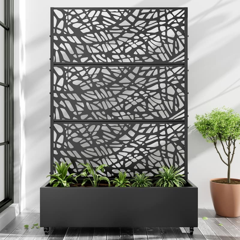 Metal Movable Planter Box with Trellis Privacy Screen Planter Box with Lockable Wheels - Black1