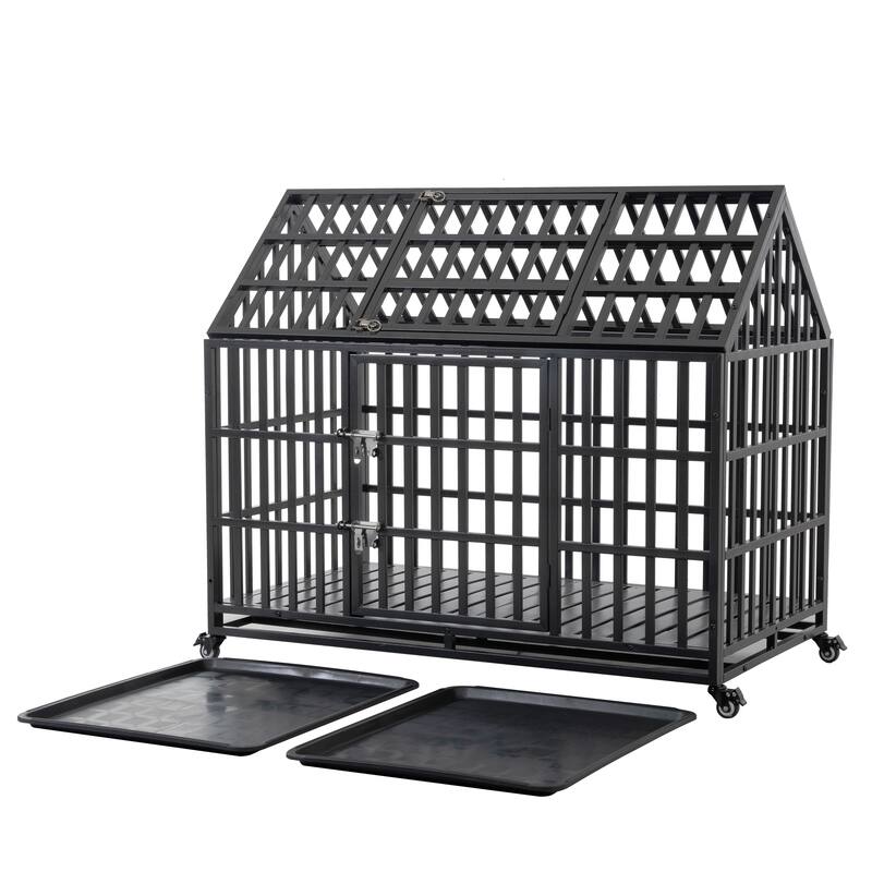 52" Heavy Duty Dog Crate, XL Metal Dog Kennel Cage for Large Dogs, Pet Crate with 2 Door, 4 Lockable Wheels & Removable Tray