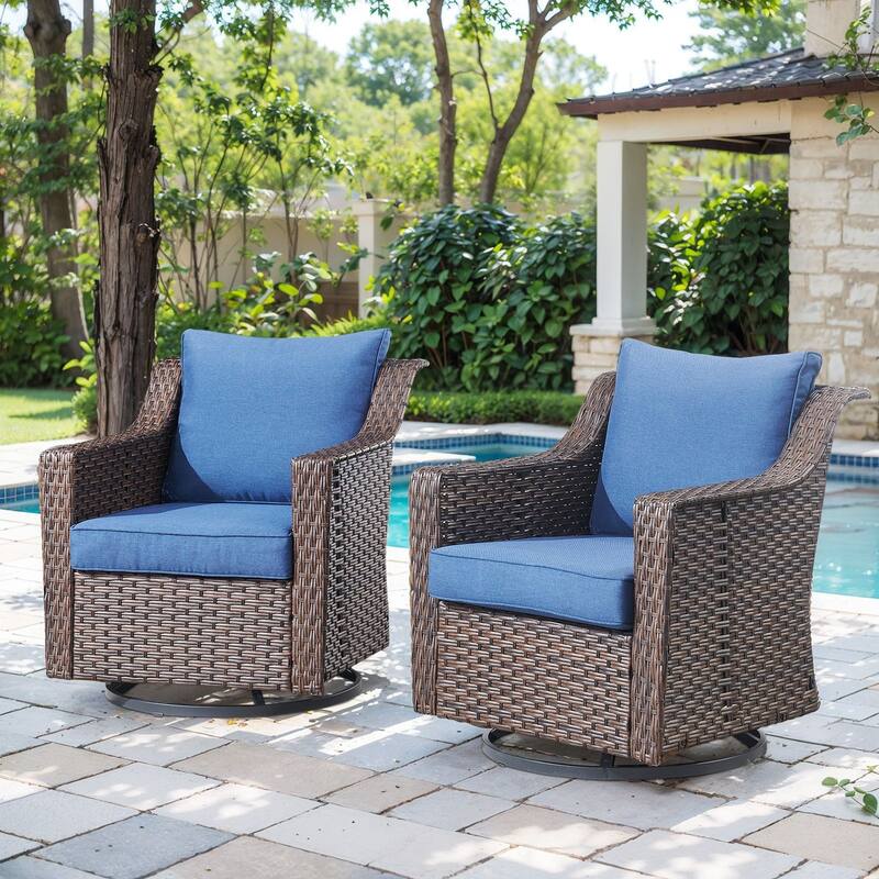 Wicker Outdoor Swivel Rocker Patio Chairs - Brown - Blue
